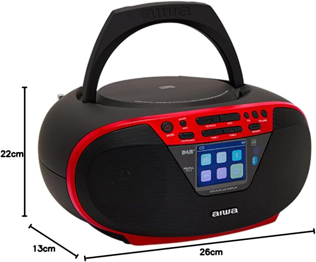 Aiwa BBTU-500DAB/RD DAB+ tragbares CD-Radio mit Farbdisplay, 6,1 cm (2,4 Zoll), Bluetooth 5.0, USB,