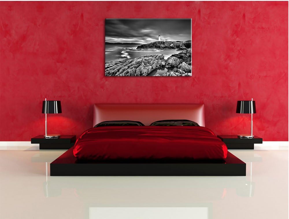 Pixxprint Leuchtturm im Meer / 100x70cm Leinwandbild bespannt auf Holzrahmen/Wandbild Kunstdruck Dek
