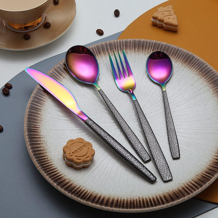 Besteckset 24 Stück Regenbogenkopfbeschichtung mit Schwarzem Marsgriff, Edelstahl Titan Buntes Besch