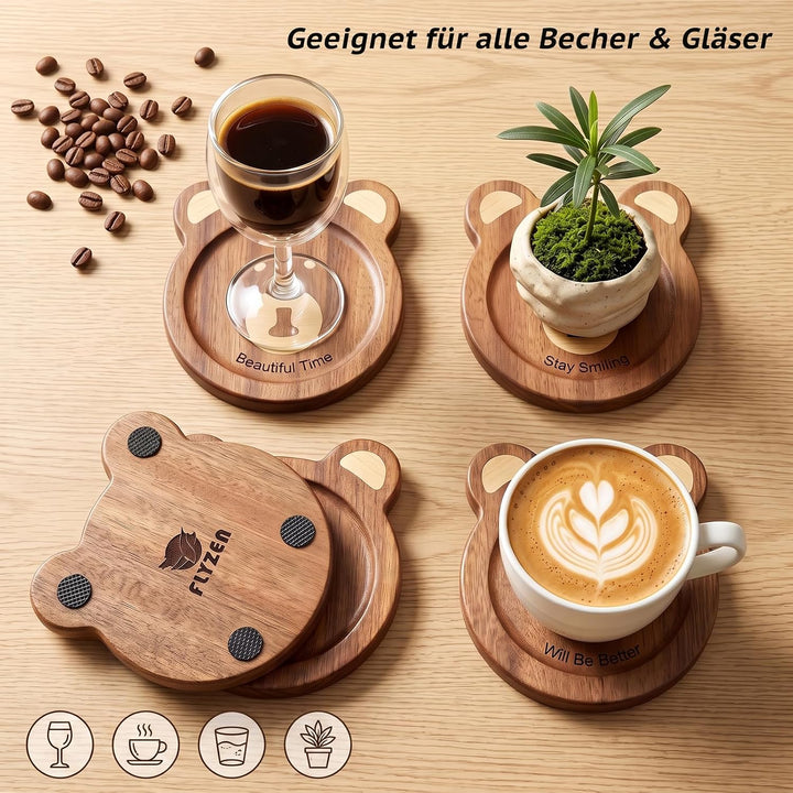 Flyzen 5er Set Bär-Holzuntersetzer, handeingelegt, Braun Braun-2 5er Set, Braun-2 5er Set
