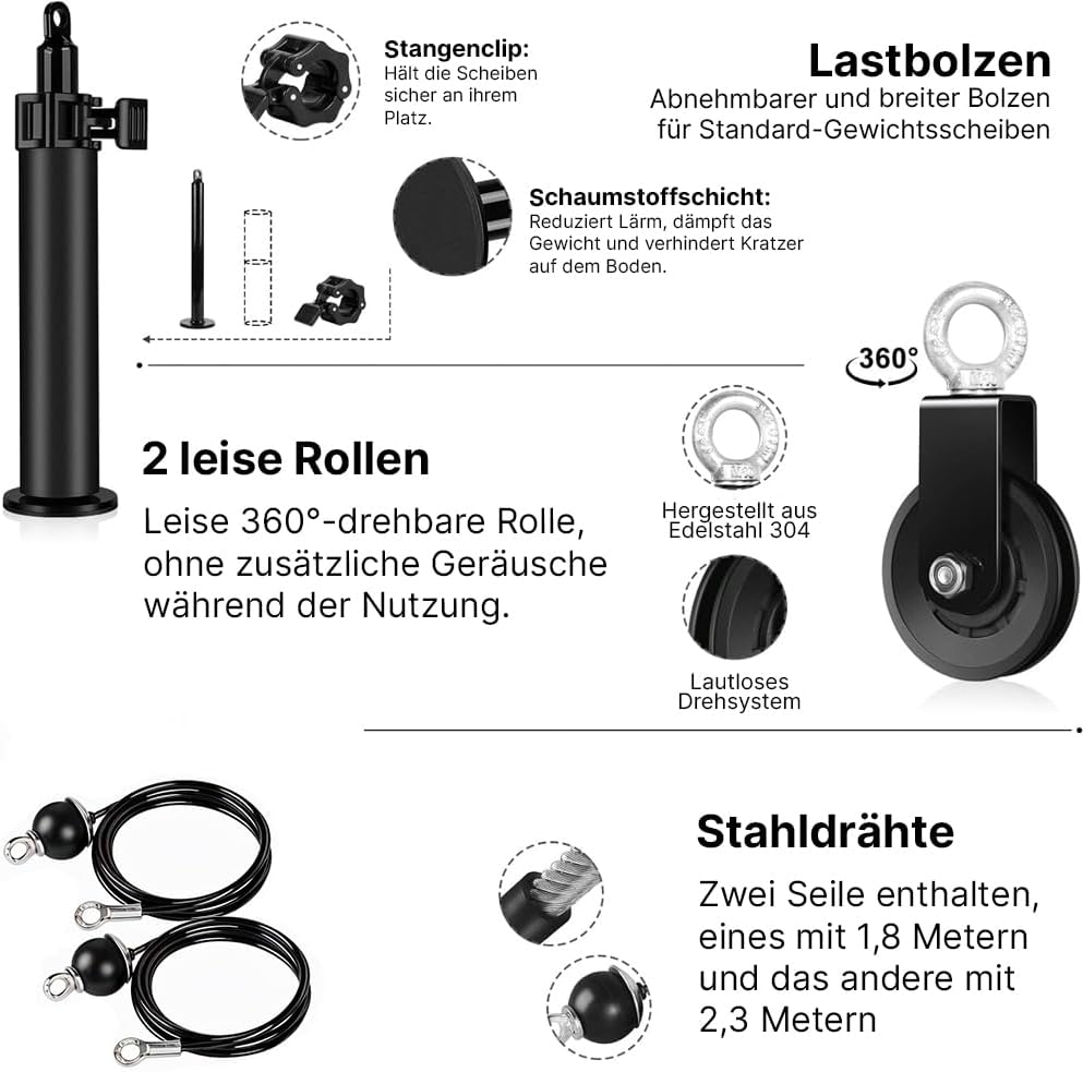 Seilzug Fitness - Pulley System mit 2-in-1-Stange + Trizepsseil + Griffen Equipment Einstellbar Kabe