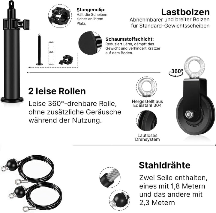 Seilzug Fitness - Pulley System mit 2-in-1-Stange + Trizepsseil + Griffen Equipment Einstellbar Kabe