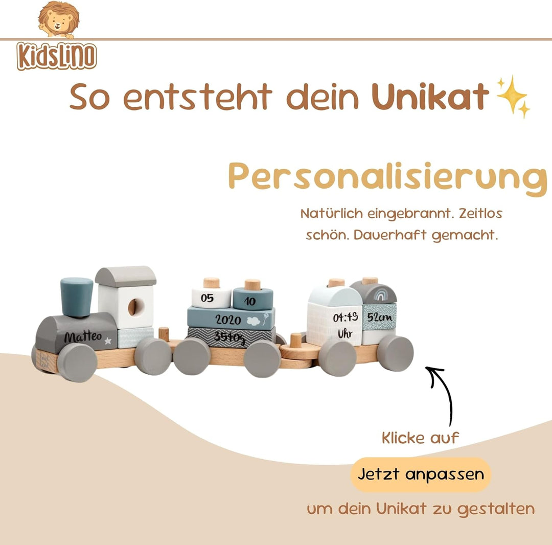 Personalisierte Holzeisenbahn blau - Personalisierte Geschenke Baby I Steckspielzeug I Geschenk zur