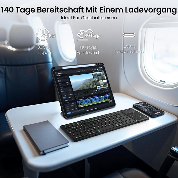 Nillkin Faltbare Bluetooth Tastatur mit Touchpad, Wiederaufladbare QWERTZ-Klapptastatur mit Ziffernb