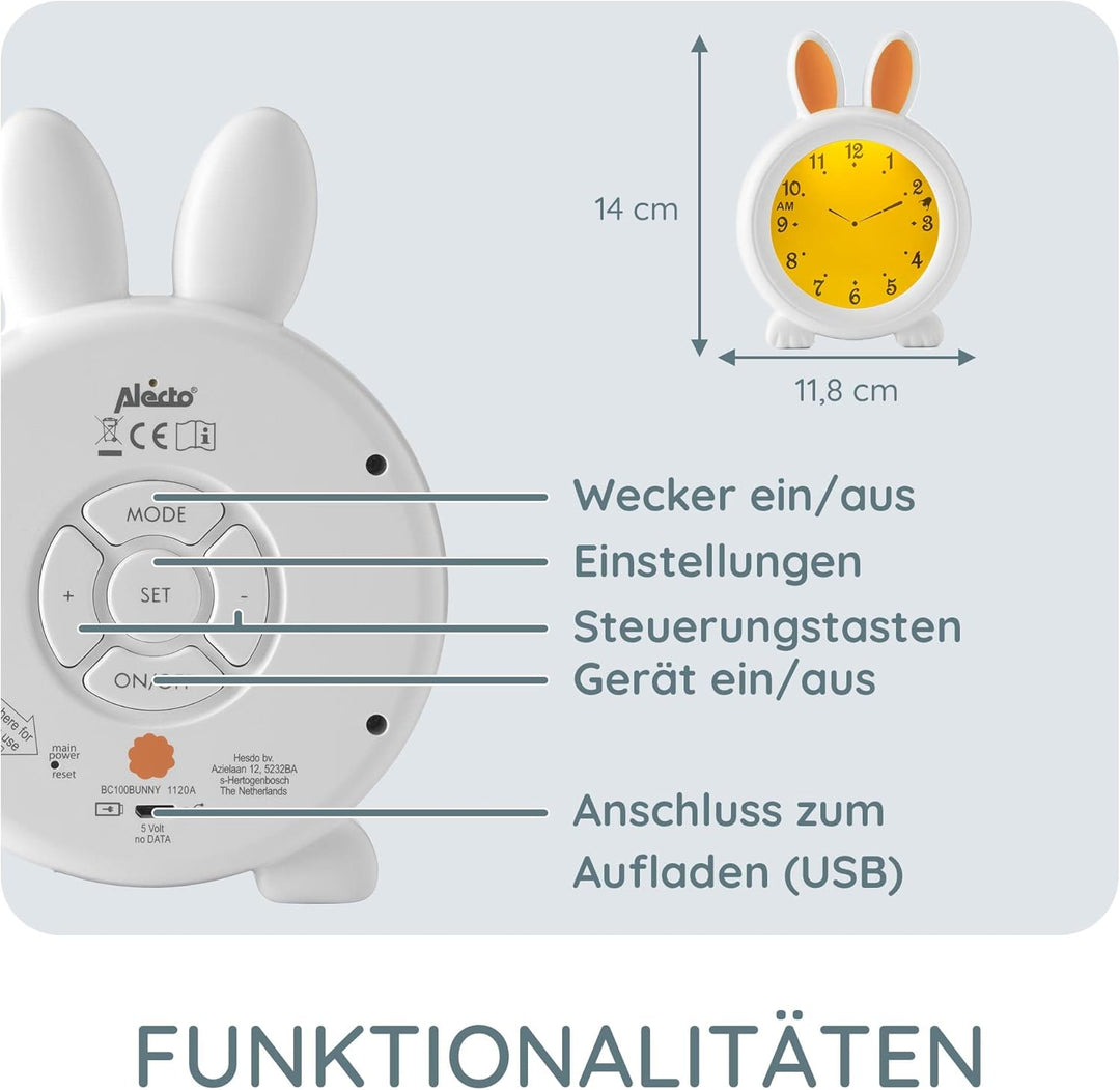 Alecto BC100BUNNY Kinderwecker - Nachttischlampe hilft Kindern EIN Zeitgefühl zu bekommen -Nachtlich