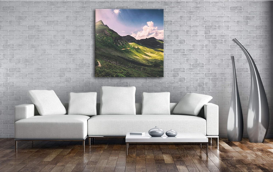 deyoli Sonnenaufgang über grünen Bergen Format: 70x70 als Leinwandbild, Motiv fertig gerahmt auf Ech