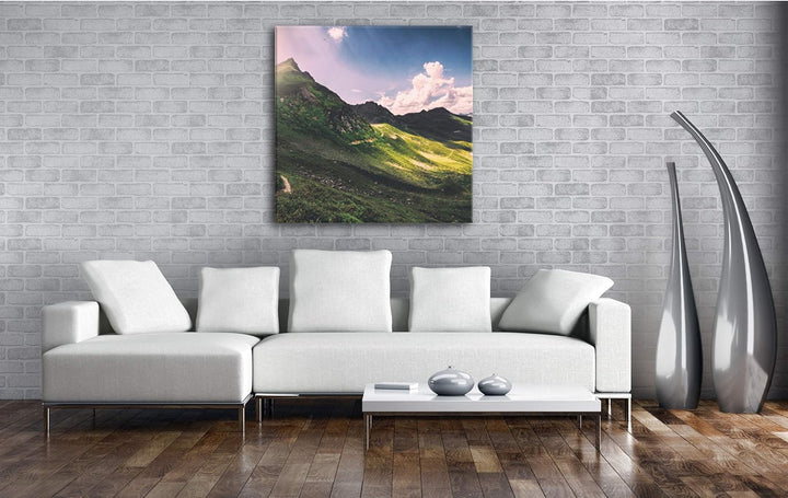 deyoli Sonnenaufgang über grünen Bergen Format: 70x70 als Leinwandbild, Motiv fertig gerahmt auf Ech