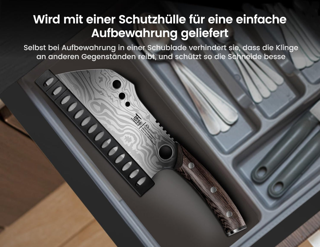 Fleischermesser mit Scheide, 19,5 cm Damastmuster Hackmesser, Küchenmesser mit Ergonomischem Durchge
