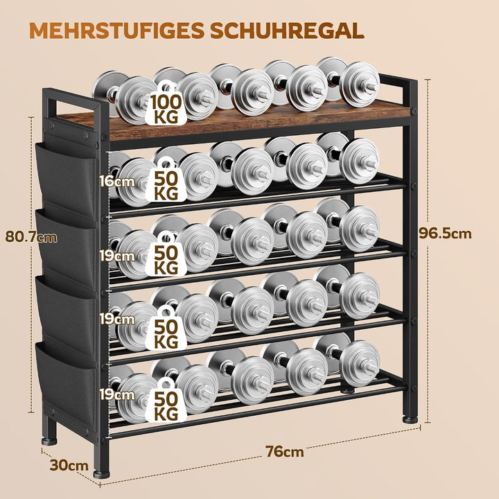 Schuhregal platzsparend 5 Ebenen für 16-20 Paar, Schuhschrank schmal mit Seitentaschen, Metall-Holz
