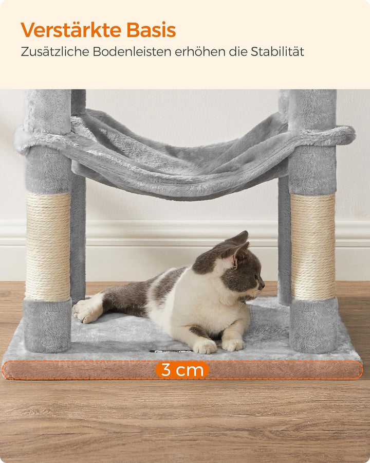 Feandrea Kratzbaum, 143 cm hoch, Katzenbaum, mehrstöckige Katzenhaus, mit 4 Kratzsäulen, 2 Plattform