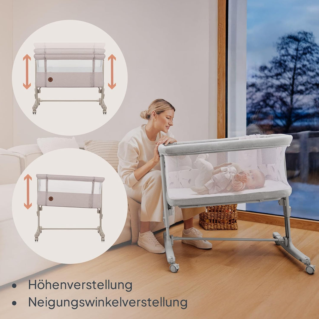 Lionelo Aurora 3 in 1 Babybett bis 9 kg, Beistellbett, Wiege, Höhenverstellug und Einstellung der Ne