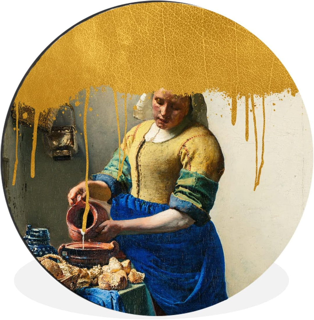 MuchoWow Wandbild Rund Wanddeko Deko Wohnzimmer Bilder 90x90 cm Milchmädchen - Gold - Vermeer, 90x90