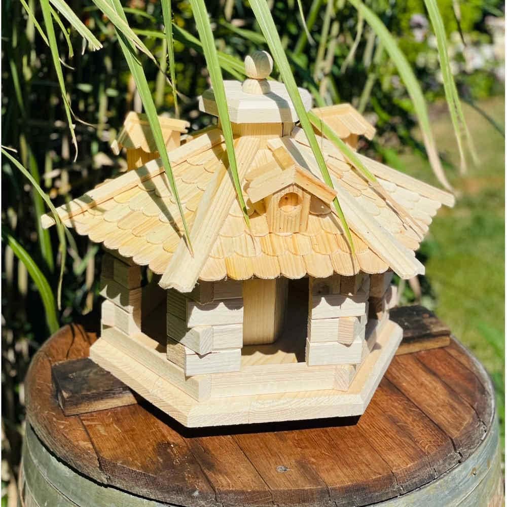 Sechseck Vogelhaus aus Holz L - XL Futterstelle mit und ohne Ständer handgefertigt (L ohne Ständer,
