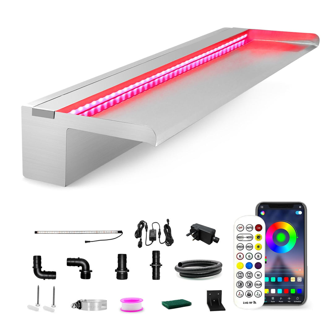 LONGRUN Edelstahl Wasserfall Überlauf, APP Kontrolle Multi-Farben LED-Licht Draussen Pool Brunnen, K