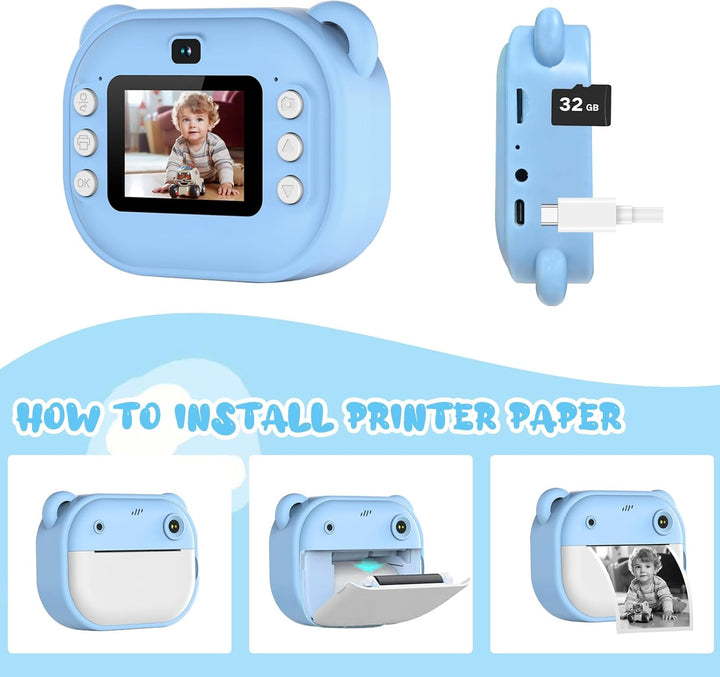 Kinderkamera Sofortbildkamera, Digitalkamera für Kinder mit Druckpapier & 32G TF Karte, mit Farbigen