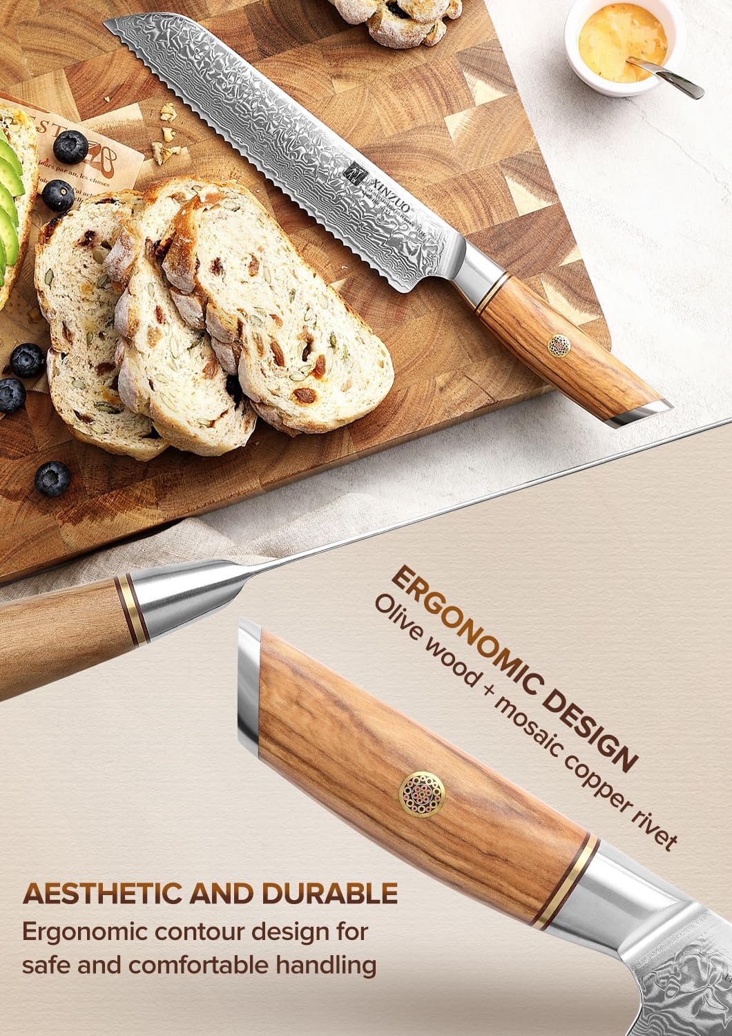 XINZUO Damaststahl Brotmesser 21.2cm, Damastpulverstahl 73 Schichten Küchenmesser, Profi Scharf Dama