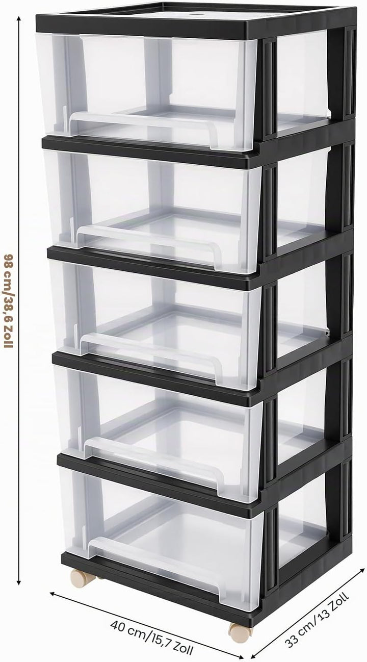 Kunststoff Schubladenbox, 5-stöckiges Kunststoff-Schubladenregal, Transparente Rollcontainer, Griffe
