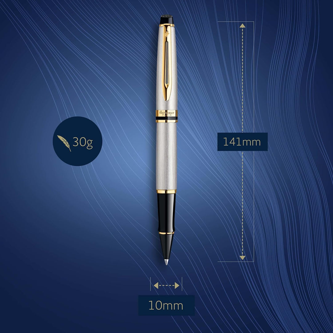 Waterman Expert Tintenroller | Edelstahl | Zierteile aus 23 K Gold| feine Spitze | Schwarz | Geschen