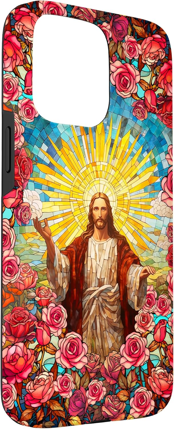 Hülle für iPhone 15 Pro Max Jesus Roses Floral Buntglas Look Christian Faith Rose, iPhone 15 Pro Max