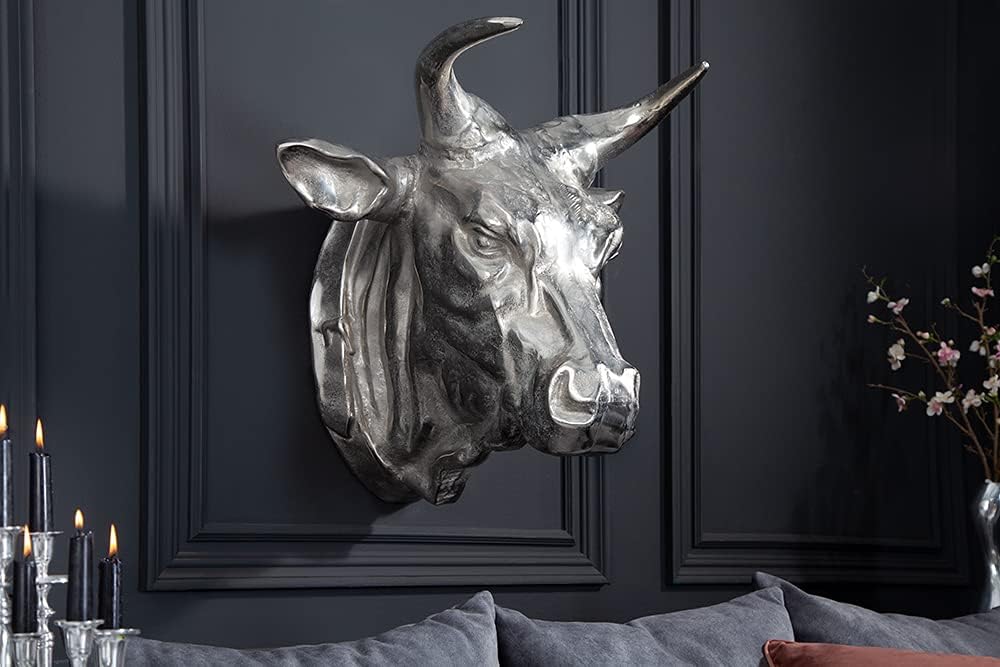 Invicta Interior Extravagante Stierkopf Wanddekoration TORERO 65cm Silber Deko Schädel aus Aluminium