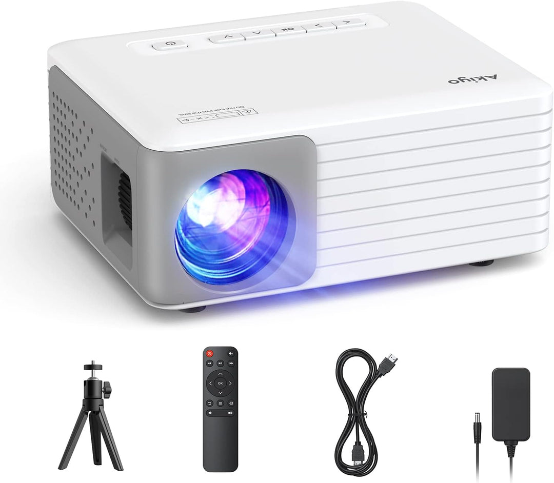 Mini Beamer mit Stativ, Beamer Full HD 1080P Unterstützt, AKIYO O1 Video Beamer für Handy Phone, Ges