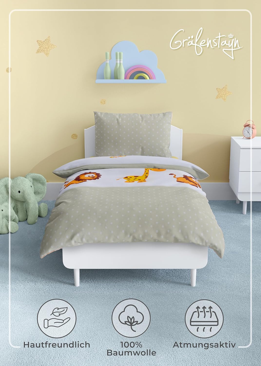 Gräfenstayn® 2-tlg. Kinderbettwäsche Set mit Tiermotiv und integriertem Reissverschluss - aus 100% B