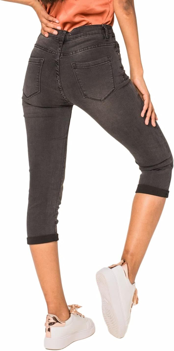 Nina Carter P132 Damen Capri Skinny Fit Jeanshosen HIGH Waist Jeans Used-Look Waschungseffekt L Slim