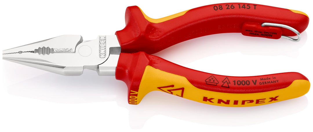 Knipex Spitz-Kombizange verchromt, isoliert mit Mehrkomponenten-Hüllen, VDE-geprüft; mit Befestigung