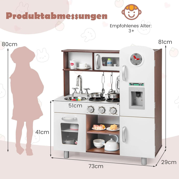 COSTWAY Kinderküche Holz, Spielküche mit Licht und Sound, Spielküchenset mit Herd, Mikrowelle, Ofen,
