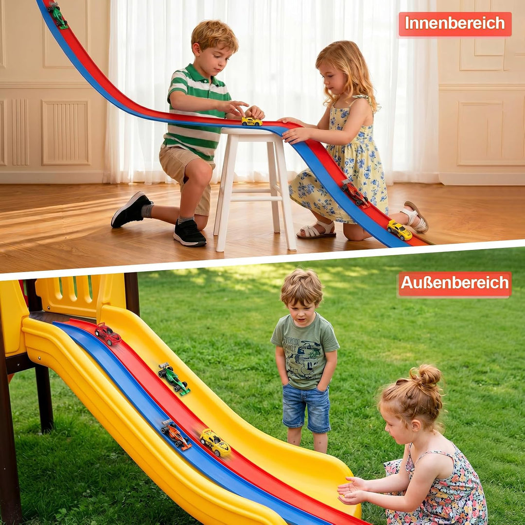 Flexible Autorennbahn Kinder - 5M Autorennbahn Spielzeug aus Silikon mit Saugnapf, 4 Spielzeugautos,