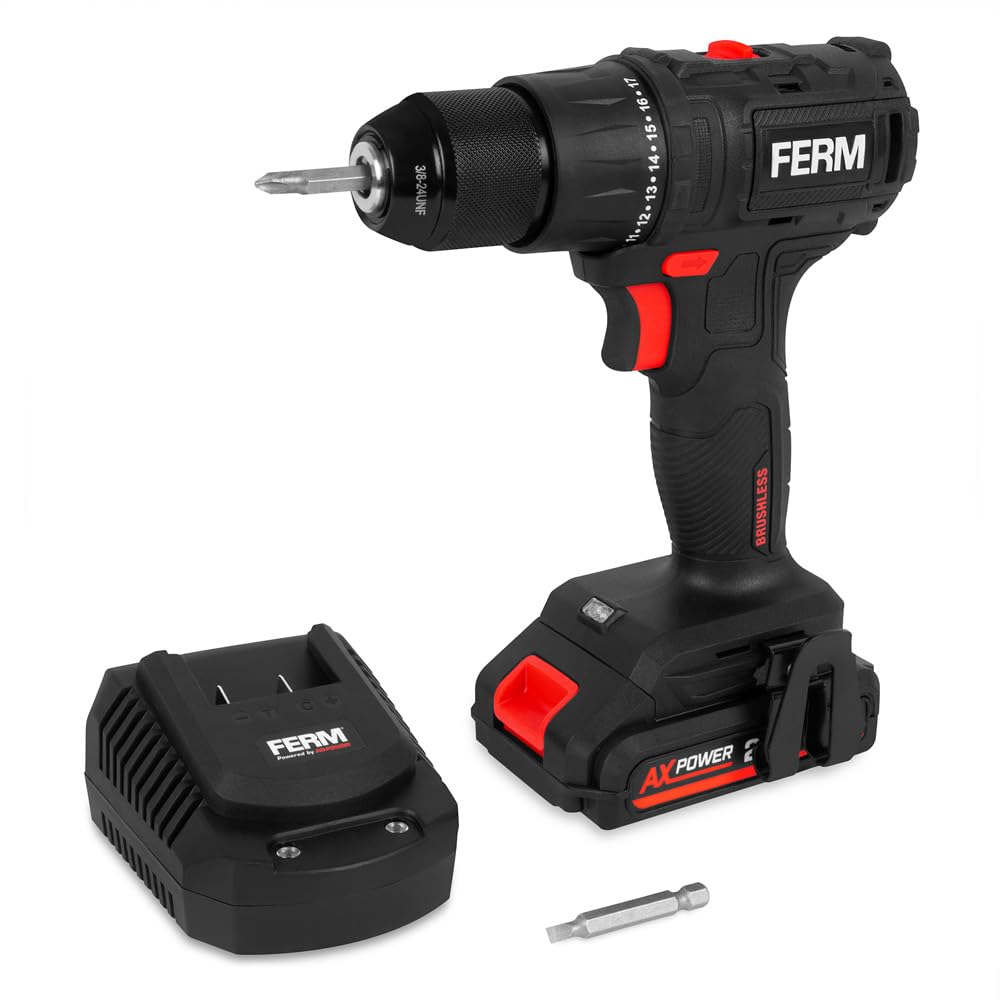 FERM Akku-Bohrmaschine 20V – Inklusive 2,0Ah Li-Ion Akku und Ladegerät – Mit Transportkoffer – Bürst