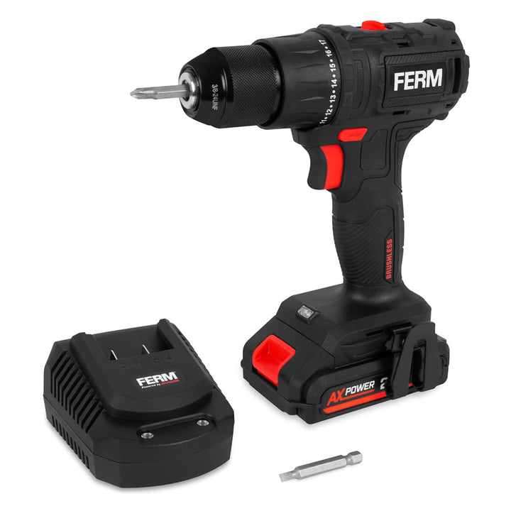 FERM Akku-Bohrmaschine 20V – Inklusive 2,0Ah Li-Ion Akku und Ladegerät – Mit Transportkoffer – Bürst