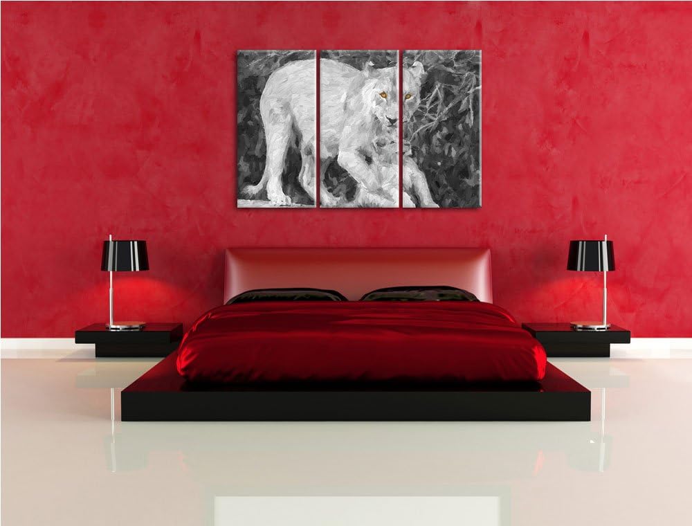 liebevolle Löwin spielt mit Jungtier schwarz/weiss Deluxe 3-Teiler Leinwandbild 120x80 Bild auf Lein