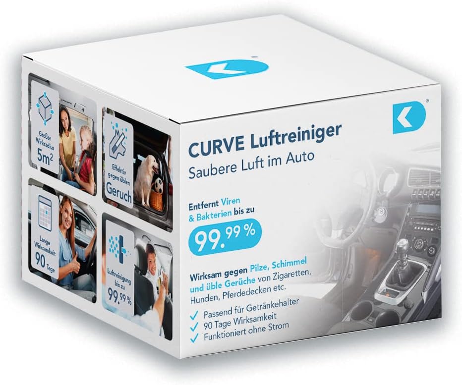 CURVE Auto Luftreiniger - Entfernt 99% der Keime & Gerüche aus Luft/Oberflächen - Ohne Strom - Geräu