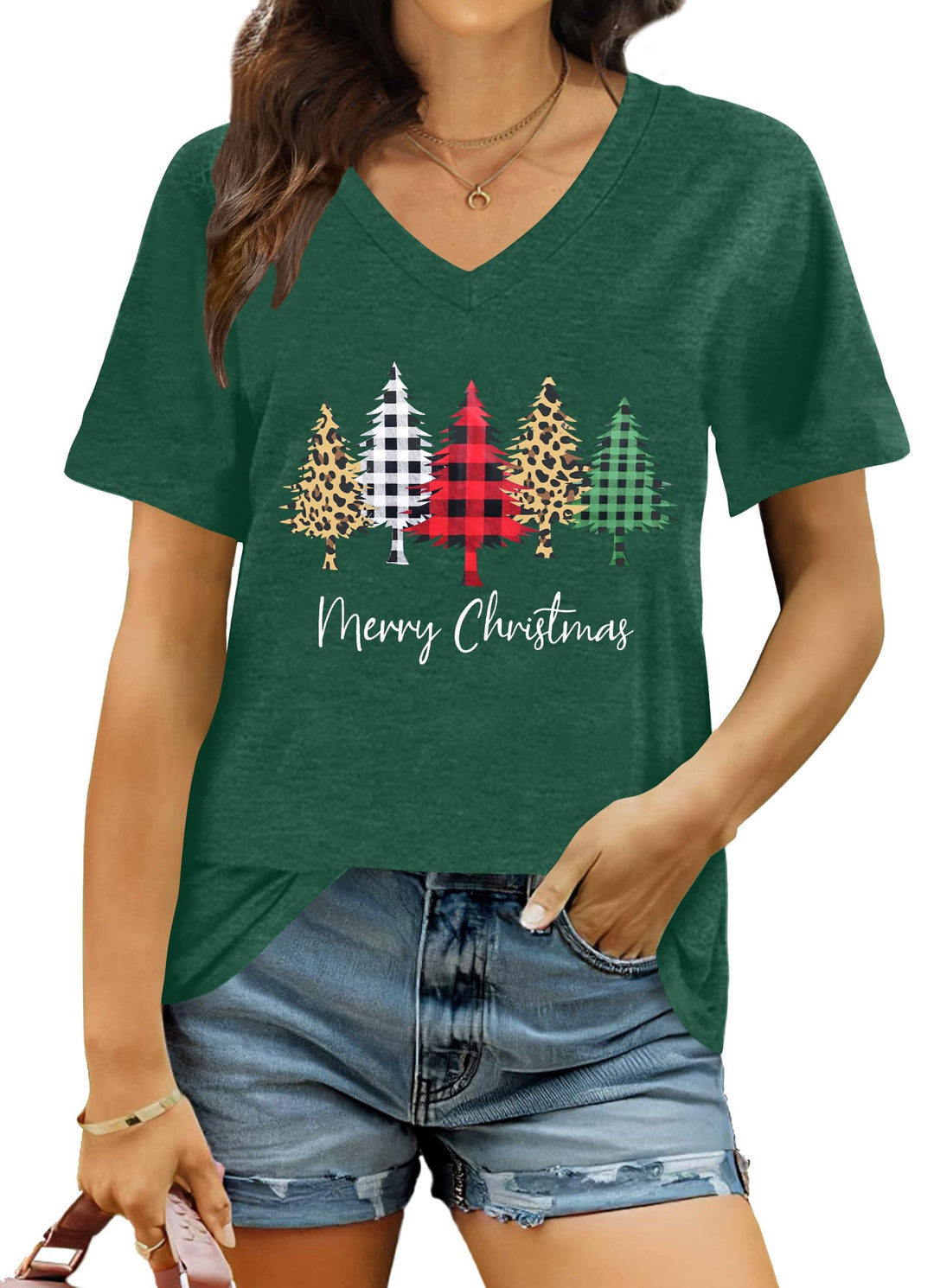 hohololo Weihnachts Tshirt Damen Christmas Shirt Merry Christmas V-Ausschnitt-T-Shirt Grün2 M, Gr&amp;