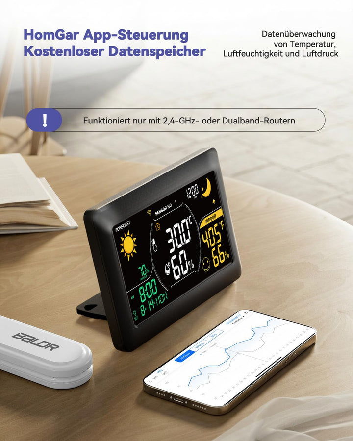 BALDR WLAN-Wetterstation mit App, 7,5-Zoll-Farbdisplay, 3 drahtlose Sensoren, kabellose Wetterstatio