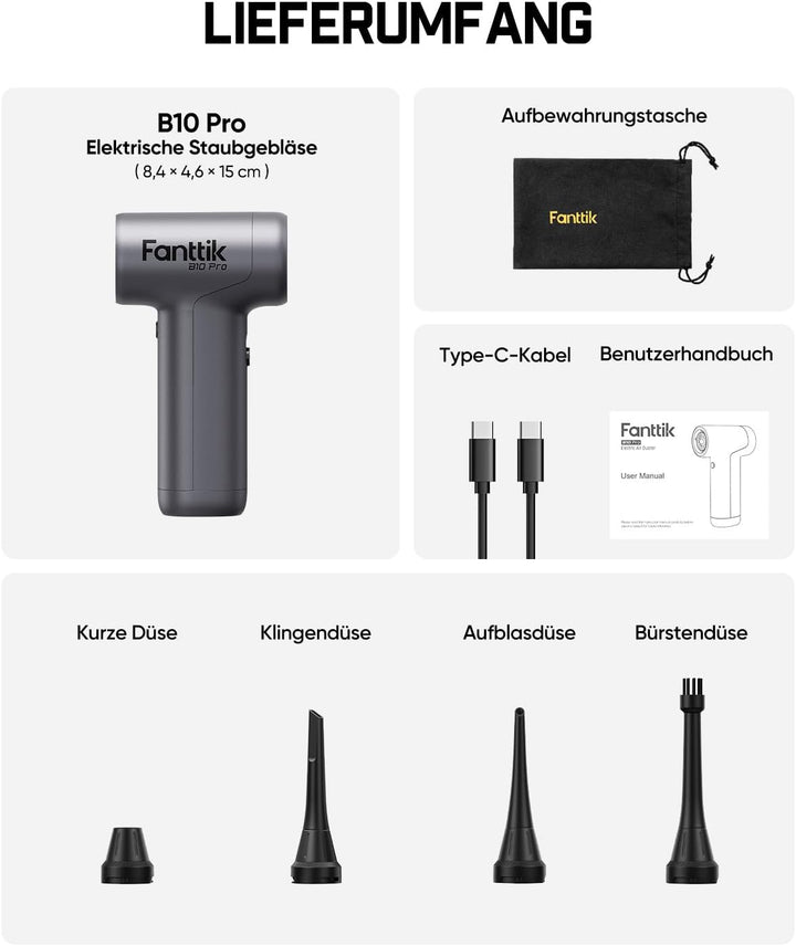 Fanttik B10 Pro Elektrische Staubgebläse, 110.000 U/min bürstenloser Motor, 3-Gang einstellbare Mini