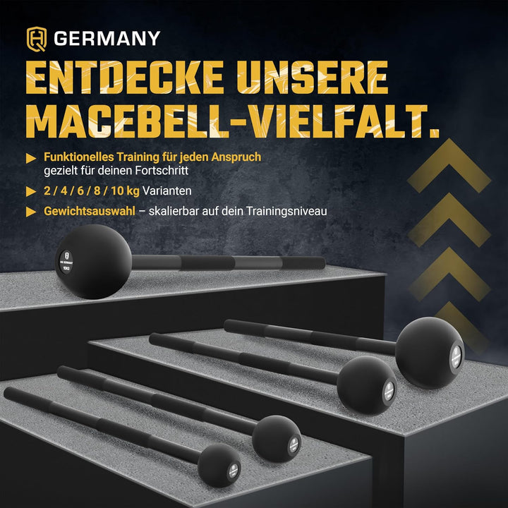 HQ Germany® Macebell [2-10kg] - 100% Stahl, ±200g Gewichtstoleranz - Pulverbeschichtete Mace Bell, G