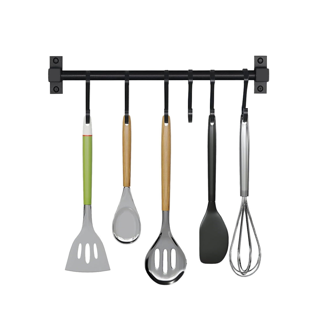 Smallboutique Schwarzer Aluminium-Utensilienhalter, Küchenregal zur Wandmontage, Küchenschienen-Pfan