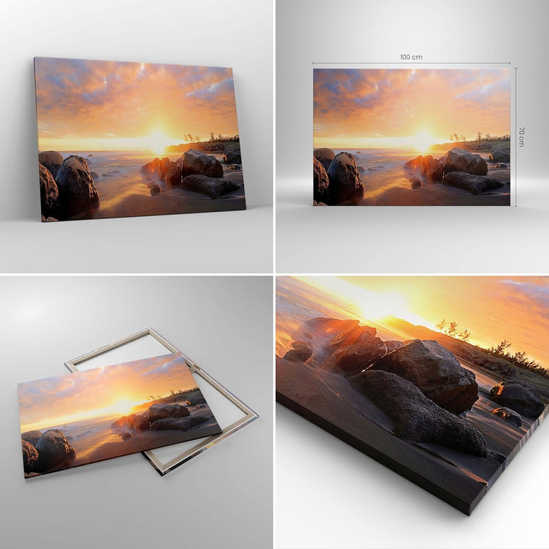 Bilder auf Leinwand 100x70cm Leinwandbild mit Rahmen Meer Strand Felsen Gross Wanddeko Bild Schlafzi