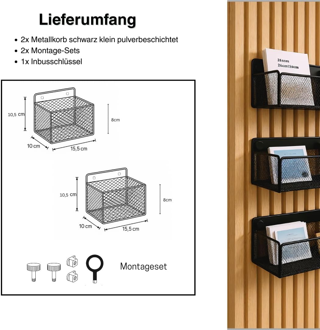 Wandkorb Metall schwarz– Metallverschraubung – kein Bohren – Zubehör für Akustikpaneele (2er Set kle