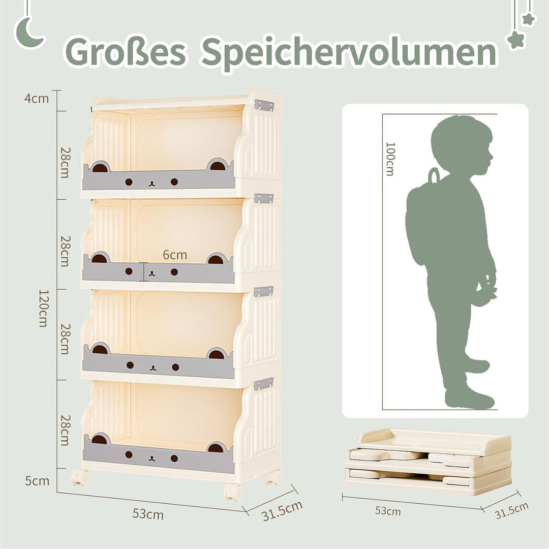 Mobiles Bücherregal Kinder mit Rollen 4 Ebenen Faltbar | Kinderregal Bücherwagen Spielzeug Regal Kin