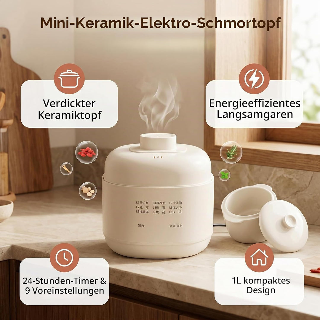 1L Keramik-Suppenkocher, Kleiner Schongarer mit Überhitzungsschutz, Warmhaltefunktion mit Timer-Deck