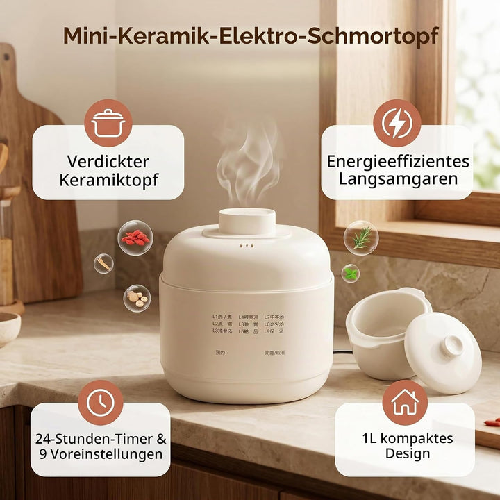 1L Keramik-Suppenkocher, Kleiner Schongarer mit Überhitzungsschutz, Warmhaltefunktion mit Timer-Deck
