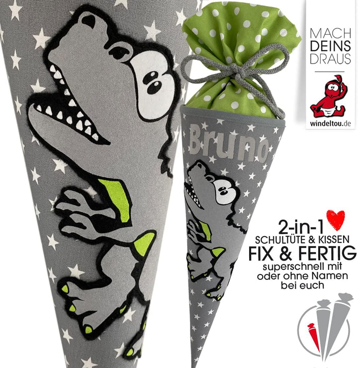 Dinosaurier-Schultüte | 35 cm | kleine Geschwistertüte | Stoff, Einschulung, Schulanfang, Zuckertüte