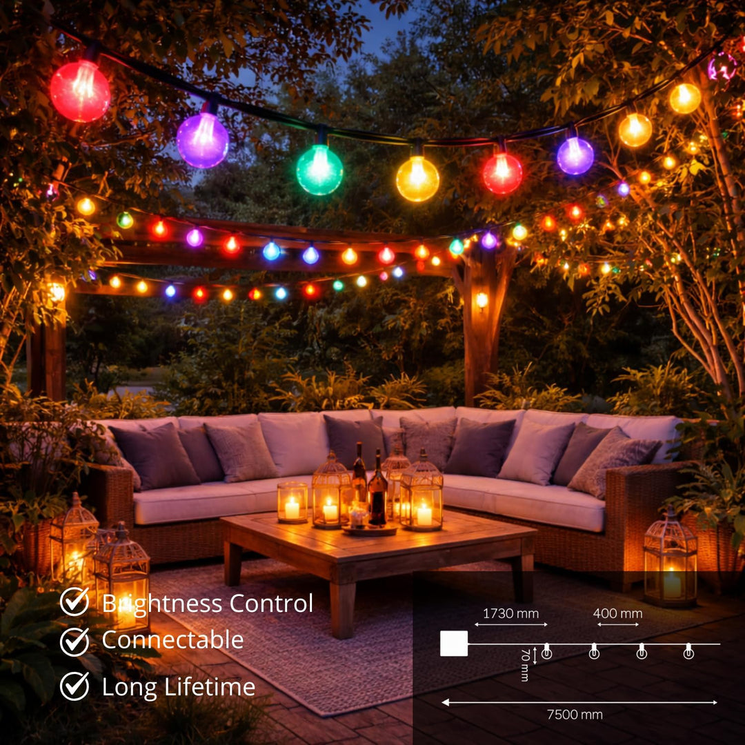 M mimotec Solar-LED-Lichterkette für den Aussenbereich, 7,5 m, RGB dimmbar, 15 Lampen, IP54 wasserdi