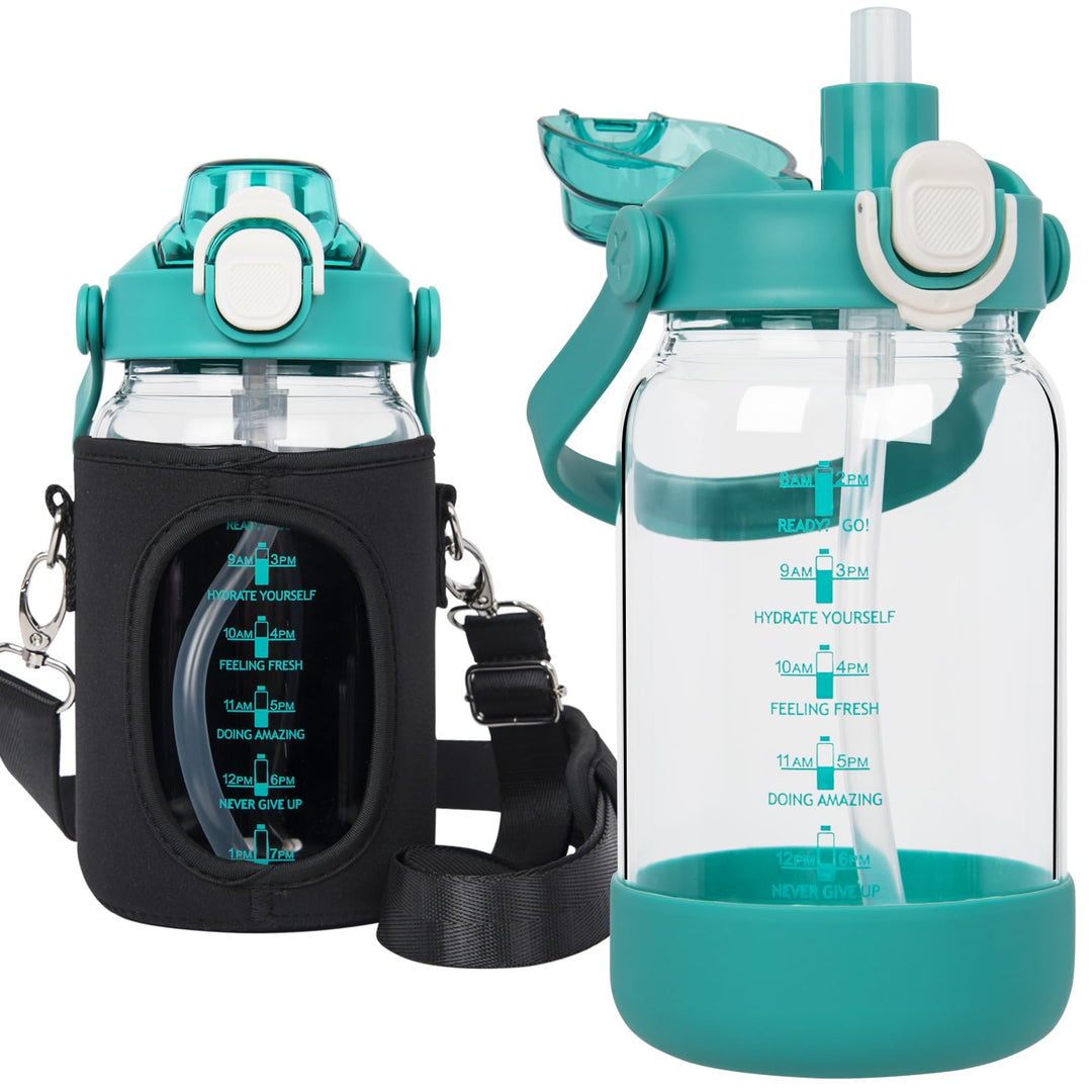 Seekua 1l Trinkflasche Glas Flasche mit Strohhalm & Zeitmarkierung, 1 liter Wasserflasche mit Frücht