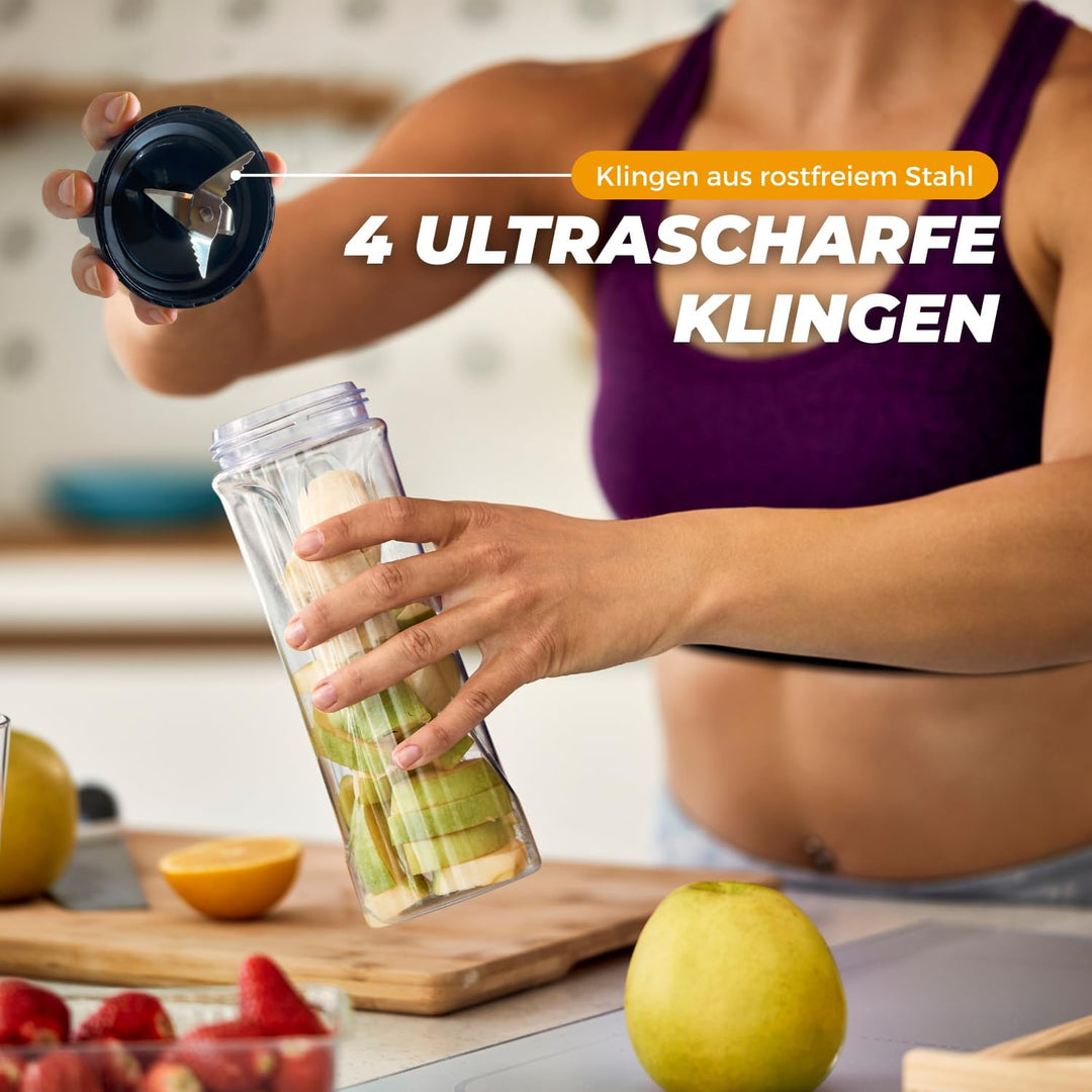 COOK-IT Smoothie Blender To Go – 350W Mixer mit 2x 600ml Trinkflaschen, 4 Edelstahlmesser, Mix & Go,