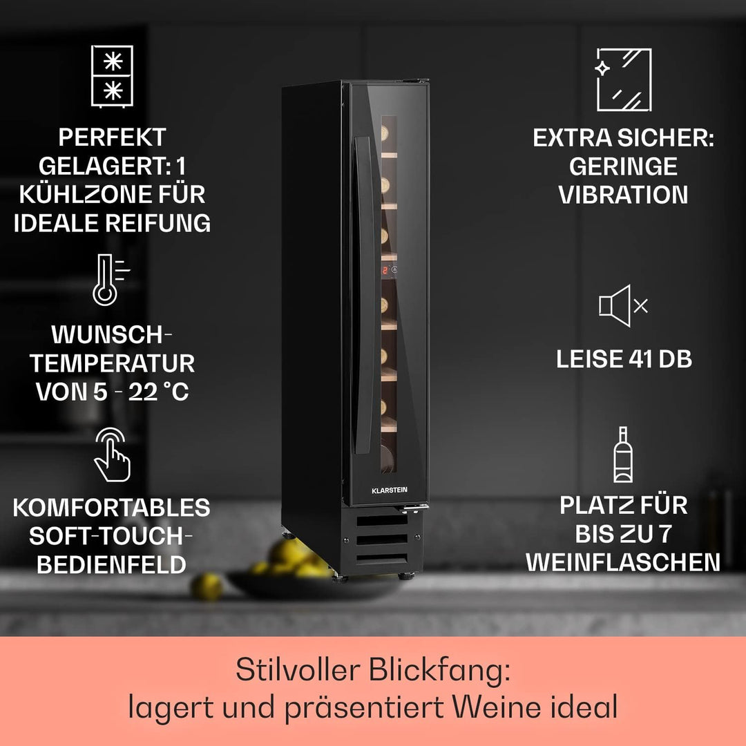 Klarstein Weinkühlschrank, 1 Zonen Getränkekühlschrank, Kleiner Einbau-Weinschrank Schmal, 20L Wein-