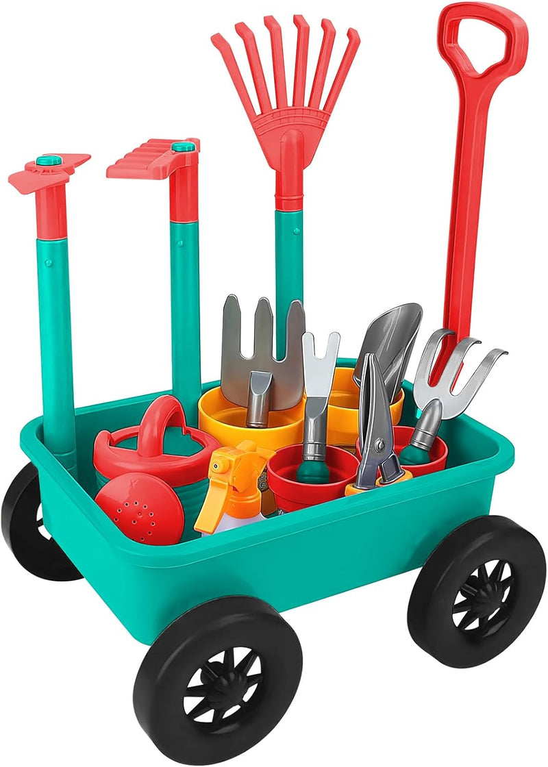 deAO Gartenset mit Schubkarre Kinder, Schaufel, Rechen, Blumentöpfe, Giesskanne Usw, 14PCS Kinder Ga